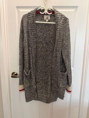 Roots Marled Gray Open-Front Cardigan with Red Trim